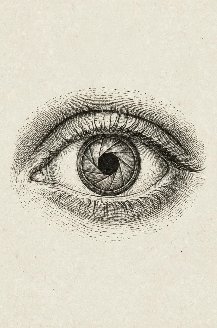 a human eye whose iris is a camera lens aperture