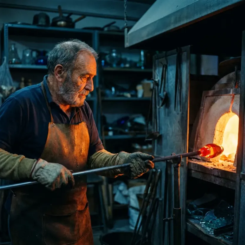 Nano Banana Pro: Editorial portrait of an elderly Venetian glassblower in his Murano workshop, weathered face lit by the orange glow of the furnace, holding a blowpipe with a glowing bead of molten glass, deep blue shadows behind him, shallow depth of field, shot on medium format film, fine grain