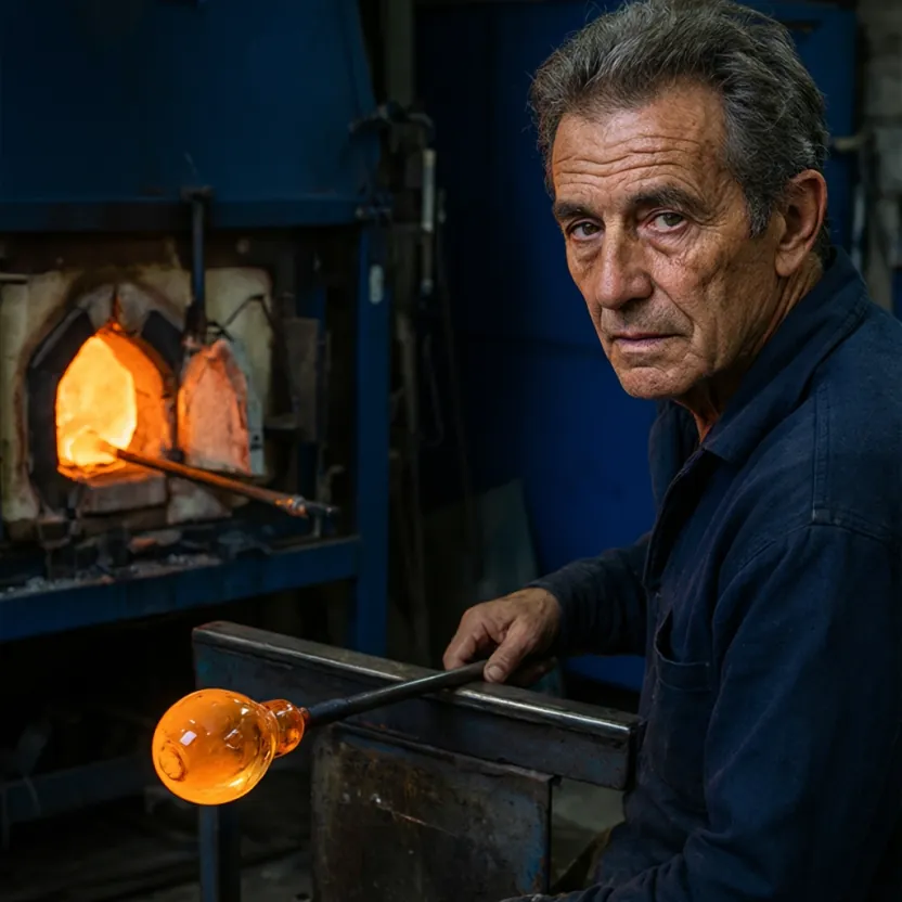 Qwen Image 3 Pro: Editorial portrait of an elderly Venetian glassblower in his Murano workshop, weathered face lit by the orange glow of the furnace, holding a blowpipe with a glowing bead of molten glass, deep blue shadows behind him, shallow depth of field, shot on medium format film, fine grain